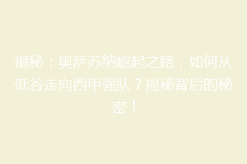 揭秘:奥萨苏纳崛起之路,如何从低谷走向西甲强队?揭秘背后的秘密!