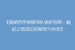 《揭秘西甲神秘球队奥萨苏纳：崛起之路背后的秘密与传奇》