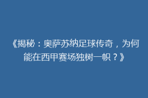 《揭秘：奥萨苏纳足球传奇，为何能在西甲赛场独树一帜？》
