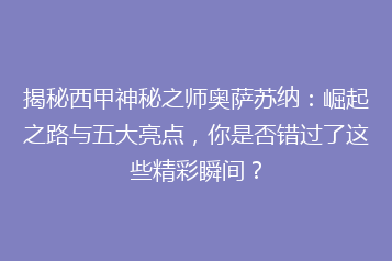 揭秘西甲神秘之师奥萨苏纳:崛起之路与五大亮点,你是否错过了这些精彩瞬间?