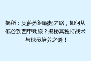 揭秘：奥萨苏纳崛起之路，如何从低谷到西甲劲旅？揭秘其独特战术与球员培养之谜！