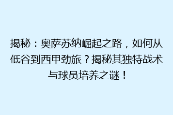揭秘：奥萨苏纳崛起之路，如何从低谷到西甲劲旅？揭秘其独特战术与球员培养之谜！