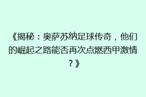 《揭秘：奥萨苏纳足球传奇，他们的崛起之路能否再次点燃西甲激情？》