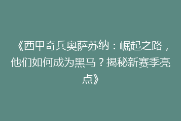 《西甲奇兵奥萨苏纳:崛起之路,他们如何成为黑马?揭秘新赛季亮点》